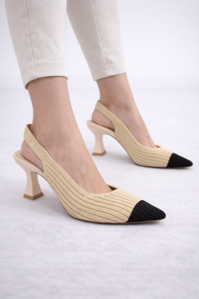 Bej-Siyah Örme Slingback Ayakkabı - Günlük & Şık Kullanım